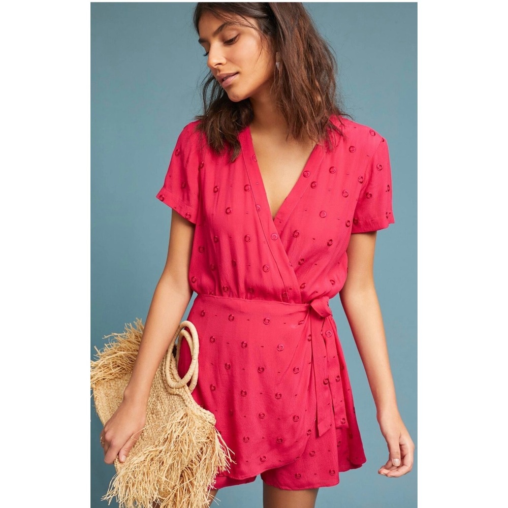 Anthropologie Vibrant Resort Wrap Romper Preppy Women's XS Pink Whimsical Boho